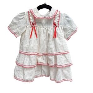Vintage adorable Baby Girls White Cotton Polka Dot Ruffle Dress Red Trim Bows 9m